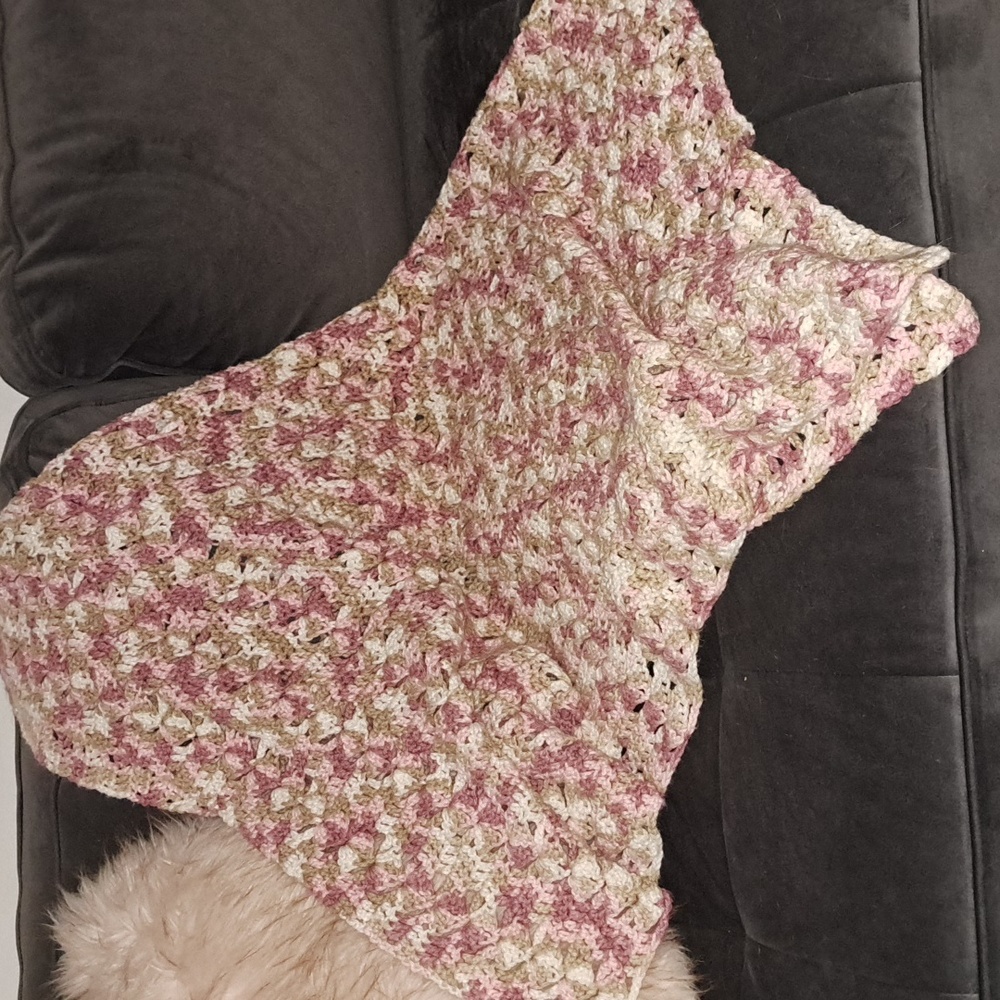 Hand Crochet Pink/ Beige White Blanket 54" X 40"
